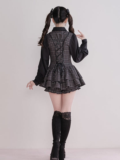 Dress Matching Fake Jirai Gray Long-Sleeve + Kei Two-Piece Set Shorts Plaid