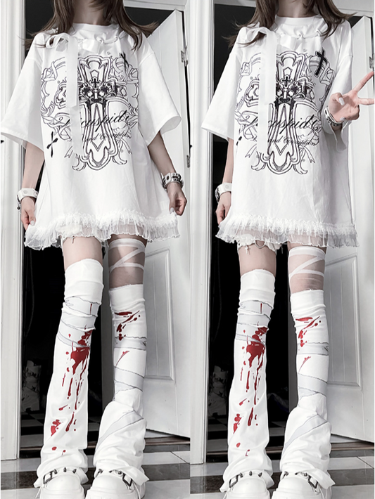 Black Bow Cotton PrintRibbon Cross T-Shirtwith Gothic White Neckline