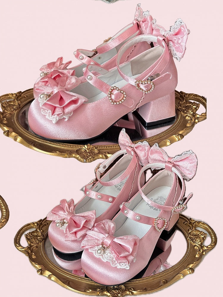 Beaded Mary Pink Delicate - Heart Sweet for Fastener Lolita Edging Janes Lace Low-heel