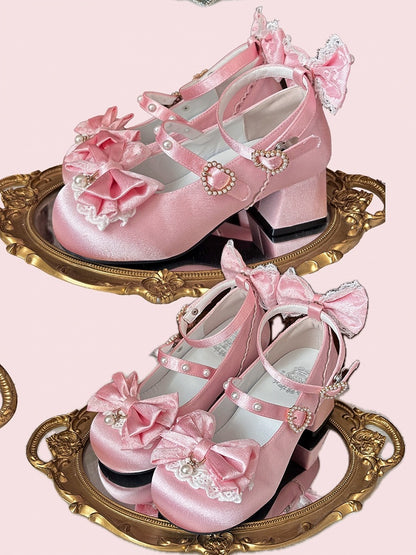 Beaded Mary Pink Delicate - Heart Sweet for Fastener Lolita Edging Janes Lace Low-heel