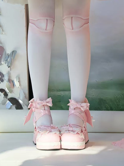 Pink Heel Mary Bow High Lolita Striped 8cm - Block Janes PU Sweet Platform