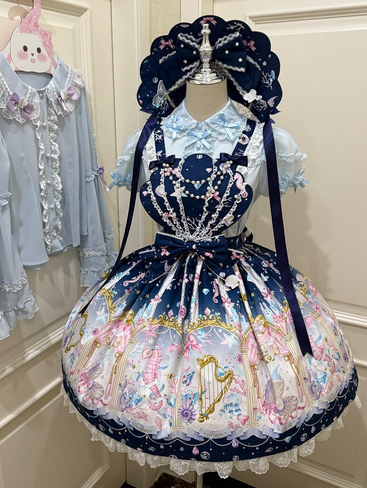 Seashell Print Dark Blue Sweet Lolita Skirt with Removable Straps