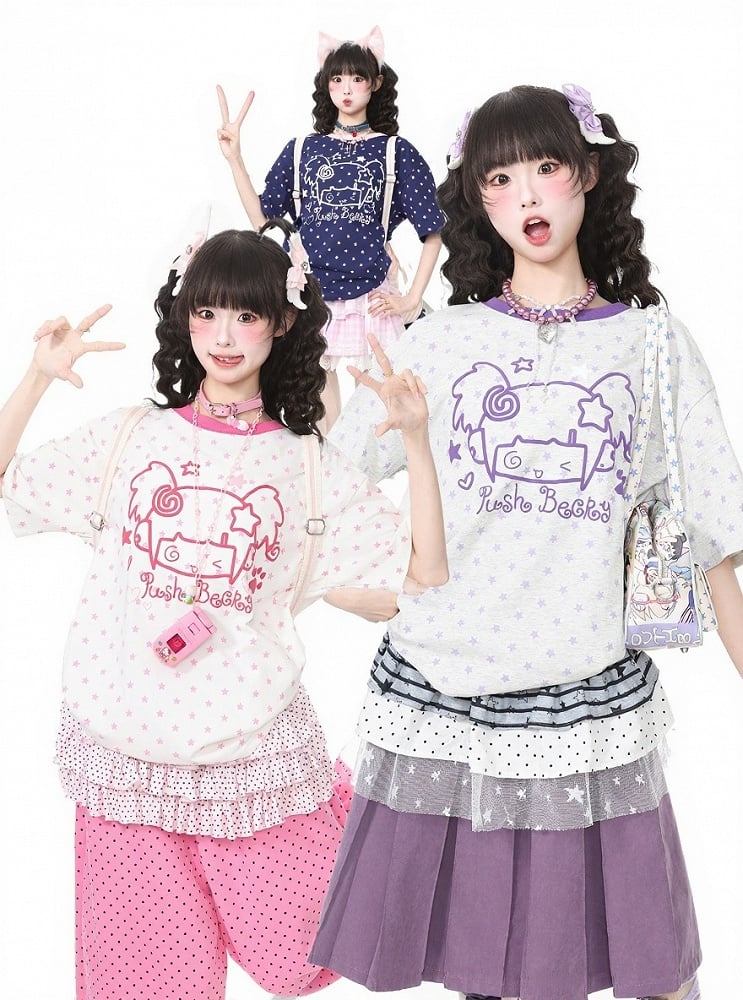 Gray Short Sleeve Tee with Star & Cartoon Girl Design - Languid Park