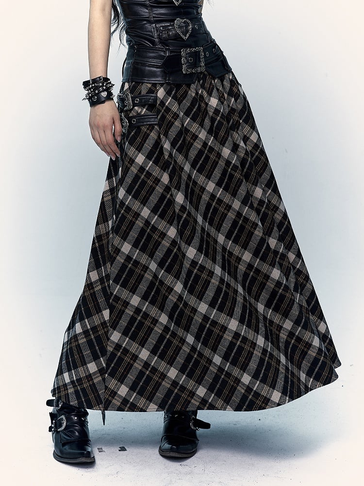 Black and Brown Plaid Ankle Length Skirt