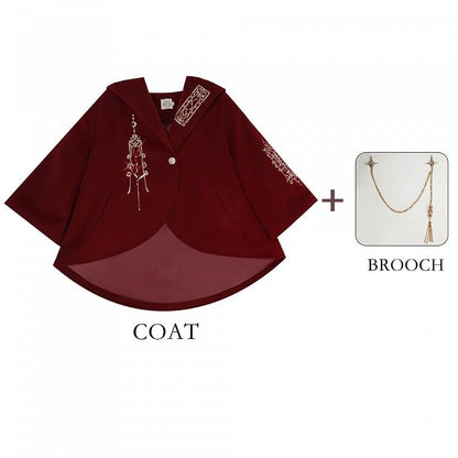 赤い新年の衣装の詳細 ユニセックスフード付きケープコート