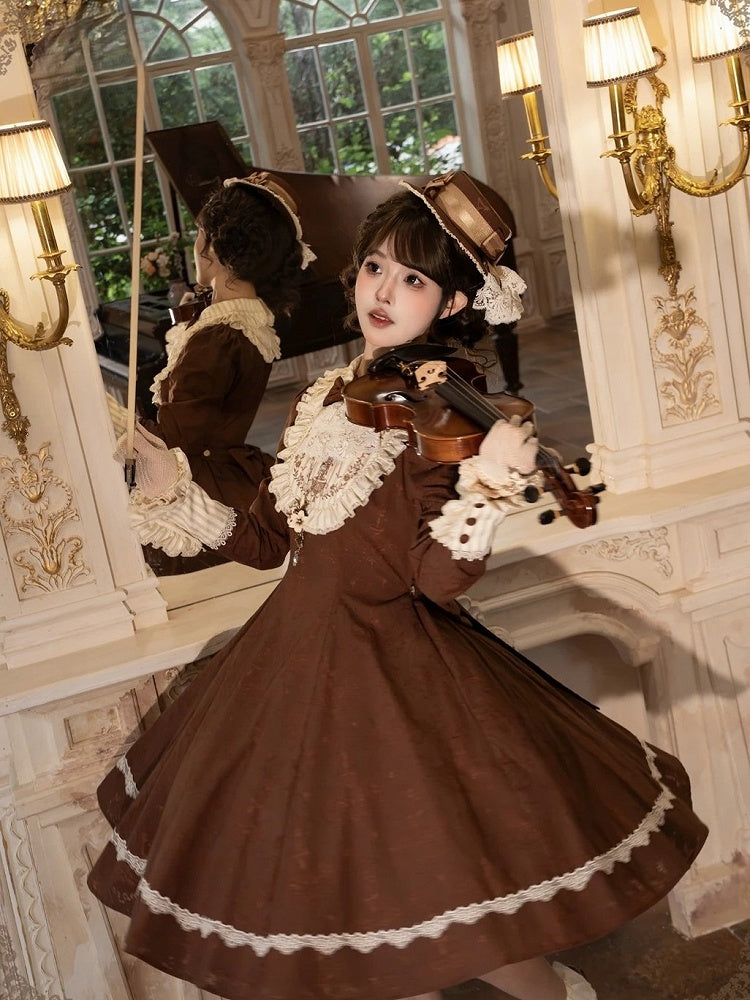 Brown Lace OP Dress with Detachable Bow - iris de nuit