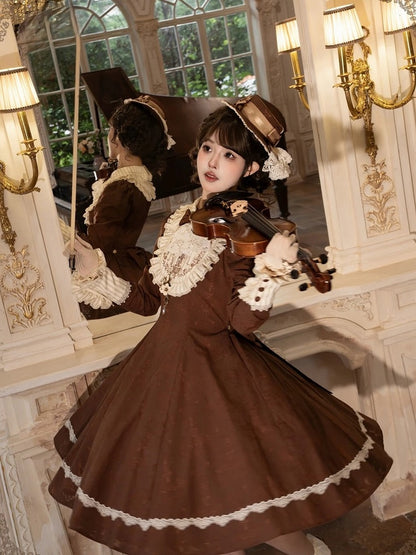 Brown Lace OP Dress with Detachable Bow - iris de nuit