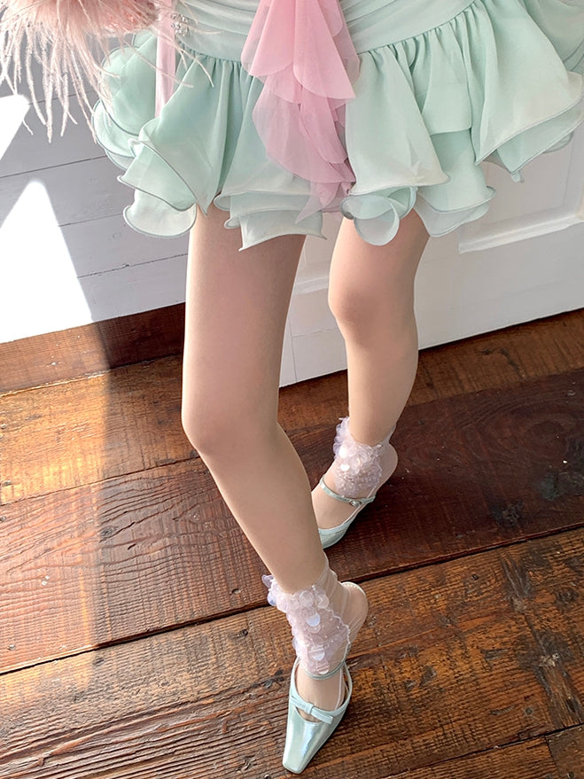Calf Details Sequins Socks White