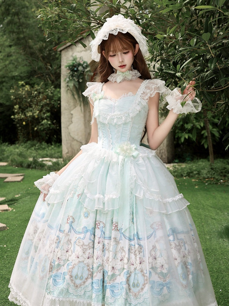 Mint Green Lily Print Lolita JSK Gown with Tulle Overlay and Back Bow Set - White Sugar Girl