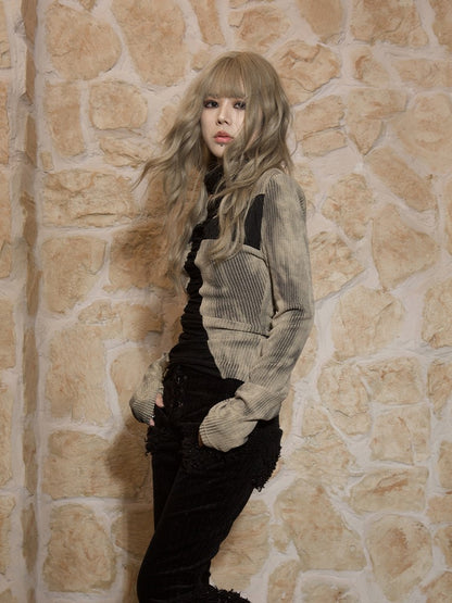 Block Khaki Top with Cross Knit Punk Wear Trapezoidal Two-Way Black