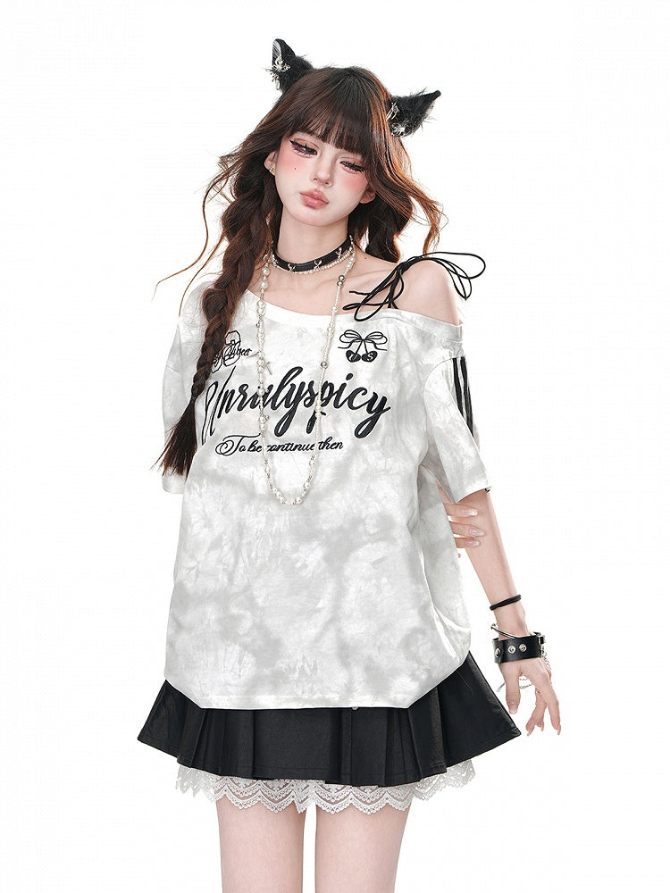 T-Shirt Loose White Asymmetrischer Ausschnitt Letter Bittersweet Print