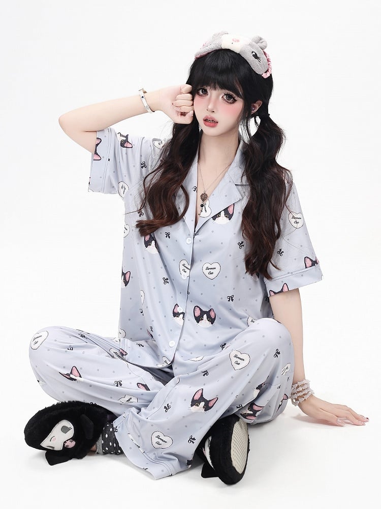 Otaku-Style Grey Lounge Wear Set: Kitten Print Short-Sleeve Top + Matching Pants - CRAZY GIRL