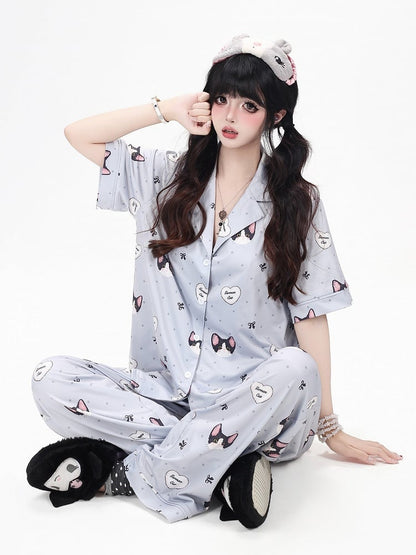 Otaku-Style Grey Lounge Wear Set: Kitten Print Short-Sleeve Top + Matching Pants - CRAZY GIRL