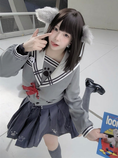 Gray Sailor Collar Top with Wolf Ears and Pom Poms - To Alice