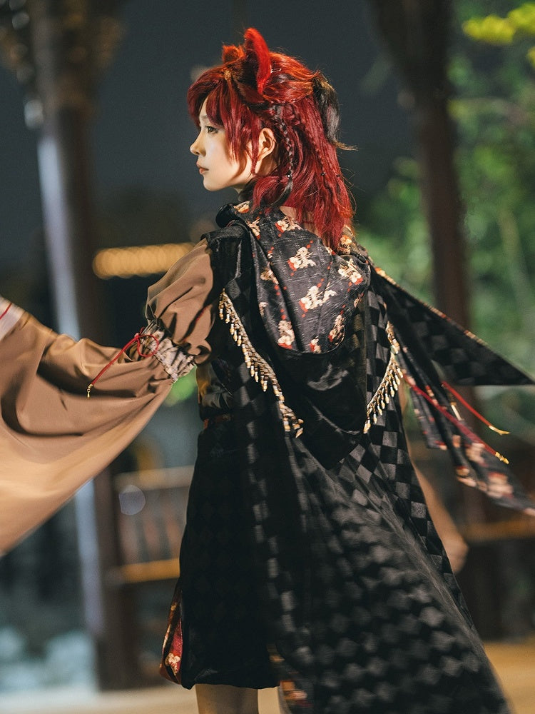 Black & Red Checked Pattern Lolita Cape with Embroidered Details - Neoludwig