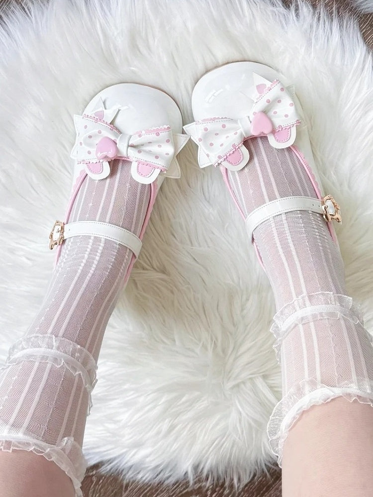 Janes PU Sweet in Bear-Themed Cute White Pink Lolita Low-heel Mary