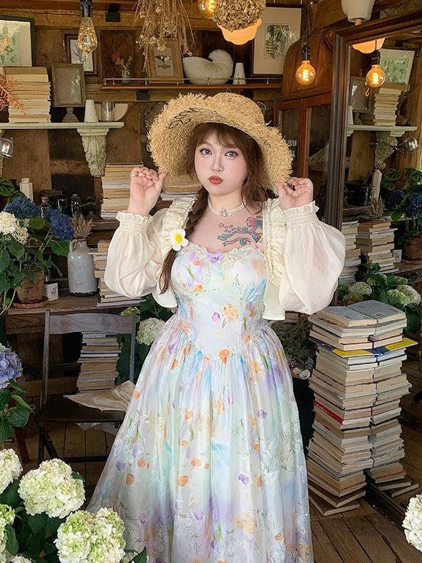 Urlaub Plus Größe Cami Kleid Spitze Patches Saum Ölgemälde Druck Weiß