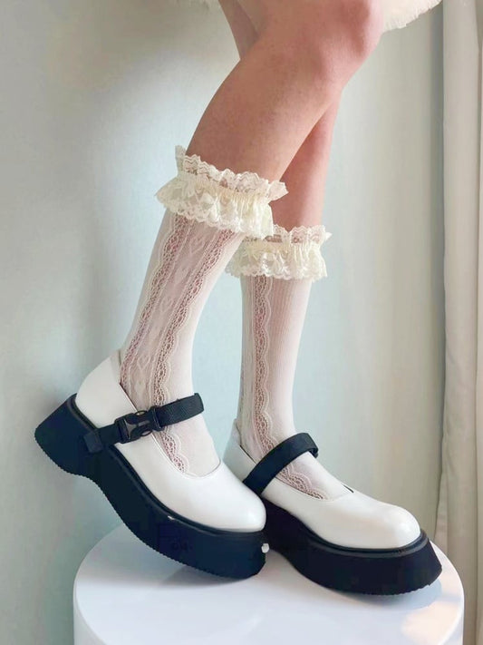 White/Cream Yellow Ruffled Lace Cuff Calf Socks