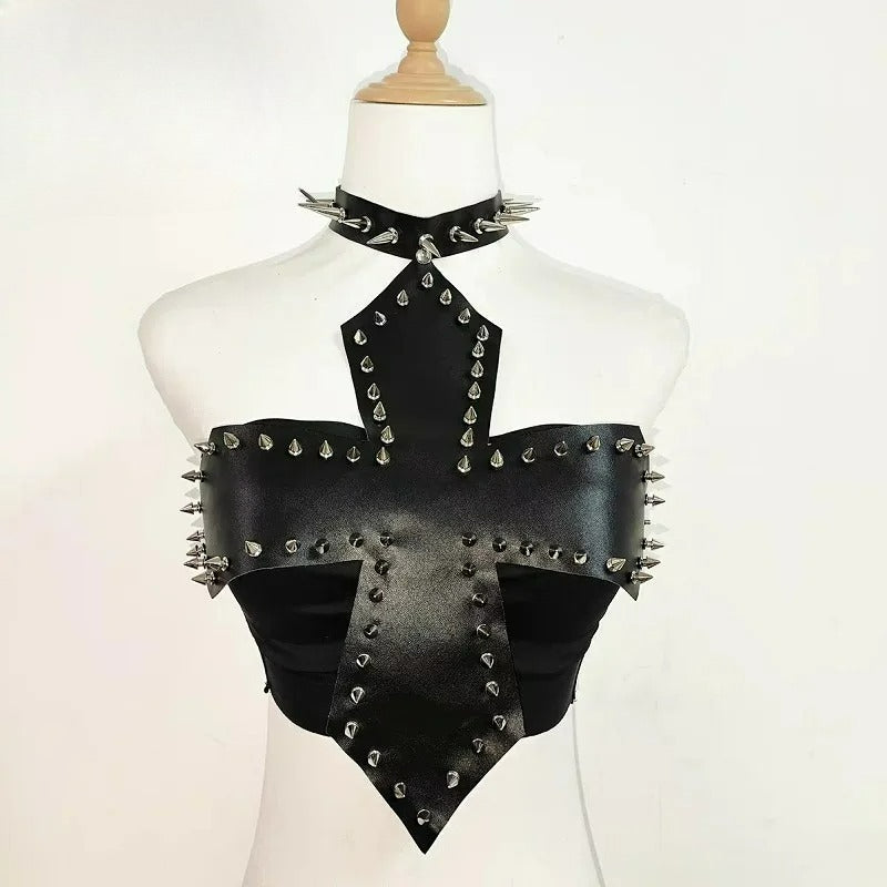 Punk Gothic Rivet Cross Vest PU Leather Strapless Top