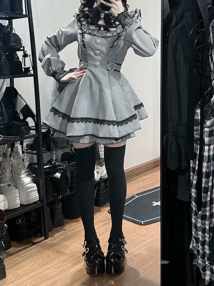 White Set with Detachable Dress Jirai Pan Kei Shorts Black Mini Peter Houndstooth Puff - Collar Matching