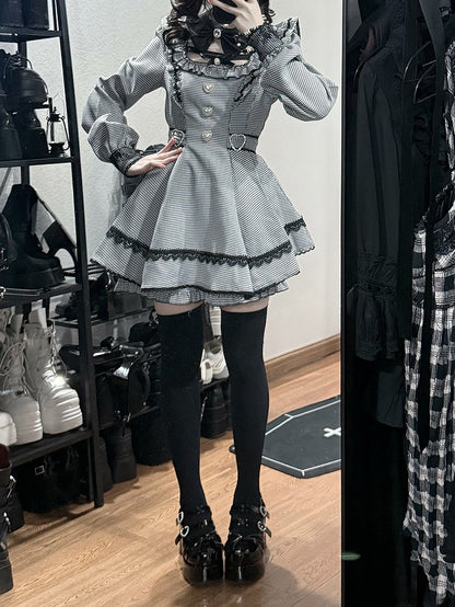 White Set with Detachable Dress Jirai Pan Kei Shorts Black Mini Peter Houndstooth Puff - Collar Matching