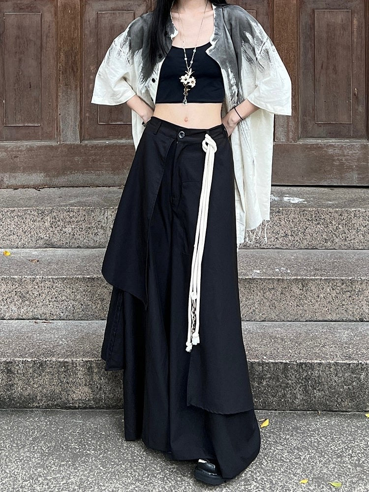 and - Closure Zipper Ouji Button Pants Floor-Length Black Fly Lolita Wide-leg