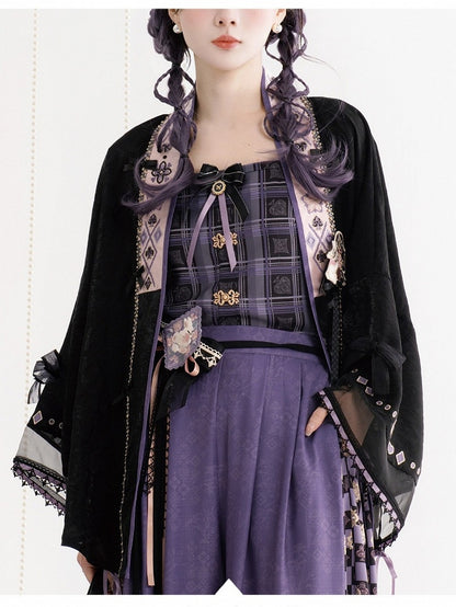 Black Morden Hanfu Elements Moon Rabbit Embroidery Outerwear with Lace & Bowknots - Luo Xiu Dong Xiang