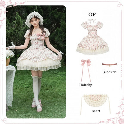 フルバージョン ロゼット ショート クラシック スクエア セット ロリータ 伸縮性 ネックライン OP プリント