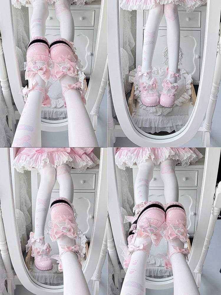 Strawberry Cream Theme Pink Lolita Shoes with Kawaii Heart & Bowknot Decor Heels - Cute Bunny