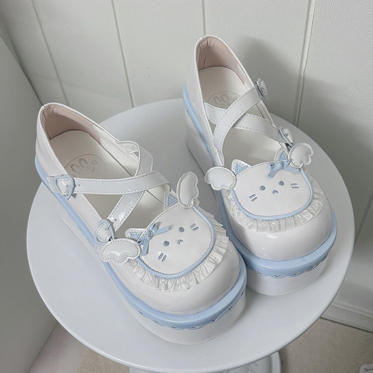 Yume Kawaii Blue & White Round Toe Kitty  Angel Heart Buckle Platform Lolita Shoes