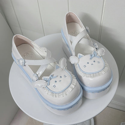 Yume Kawaii Blue & White Round Toe Kitty  Angel Heart Buckle Platform Lolita Shoes