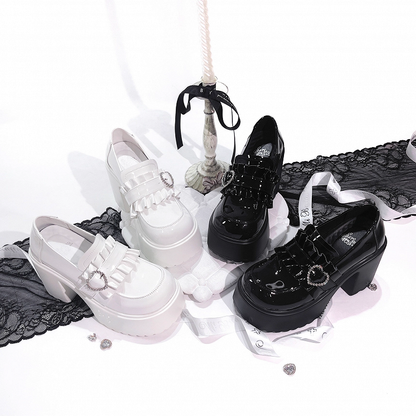 Black Chunky Platform Loafers with Beaded Heel - Sarina