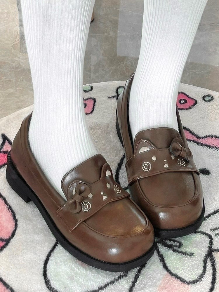 Brown Preppy Style Loafers with Bow Accent & Bear Motif