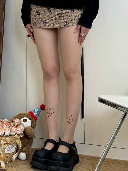 Y2K Nude/Black Print Tights Letter