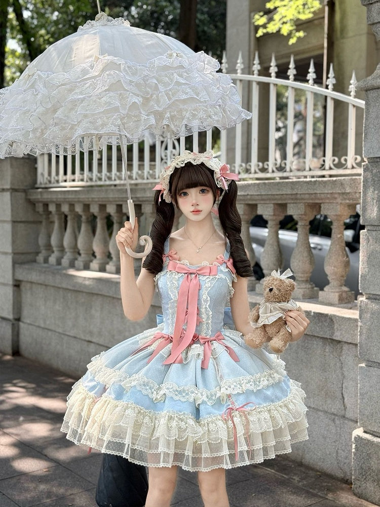 Blue Dress Bowknots Sweet Skirt Balletcore Lolita Jumper Decorated