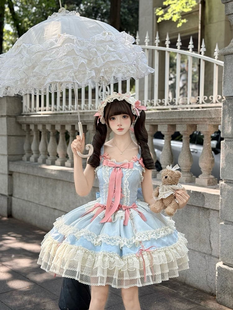 Jumper Bowknots Süßes Kleid Verziert Blau Lolita Balletcore Rock