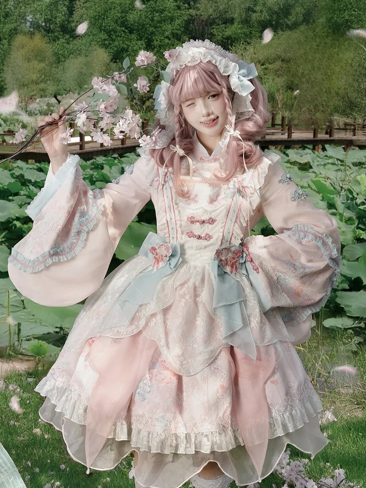 Long with Print Golden Blue Lolita and Sleeves Fish Pink Dress Floral Han