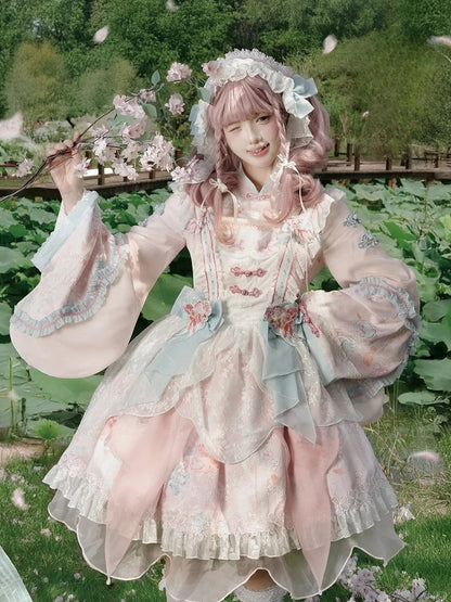 Long with Print Golden Blue Lolita and Sleeves Fish Pink Dress Floral Han
