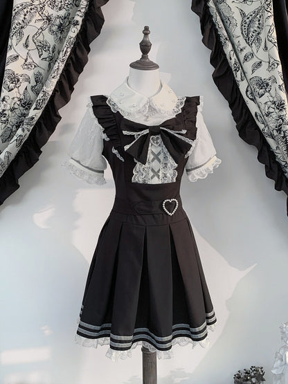 Jirai Kei Black & White Short Sleeve Box-Pleated Dress with Lace and Bow Details - Virtual Paradise