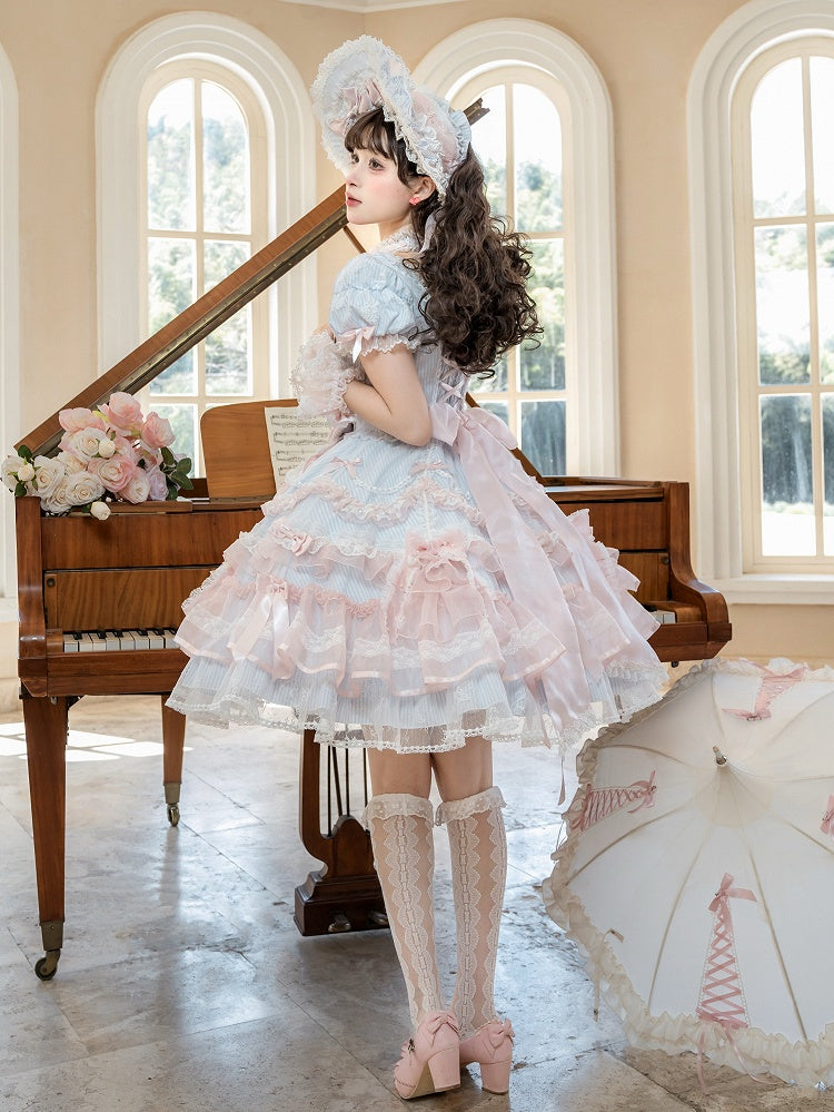 Short Sweet Lolita Princess and Details Bows Pink Blue Striped Dress Bead Sleeves