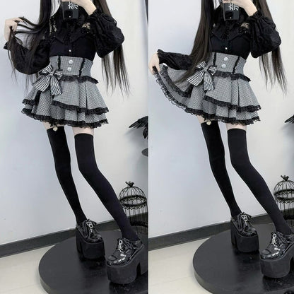 Tiered Skirt with Black Lace Trim  Bowknot Embellishment Jirai Kei Houndstooth