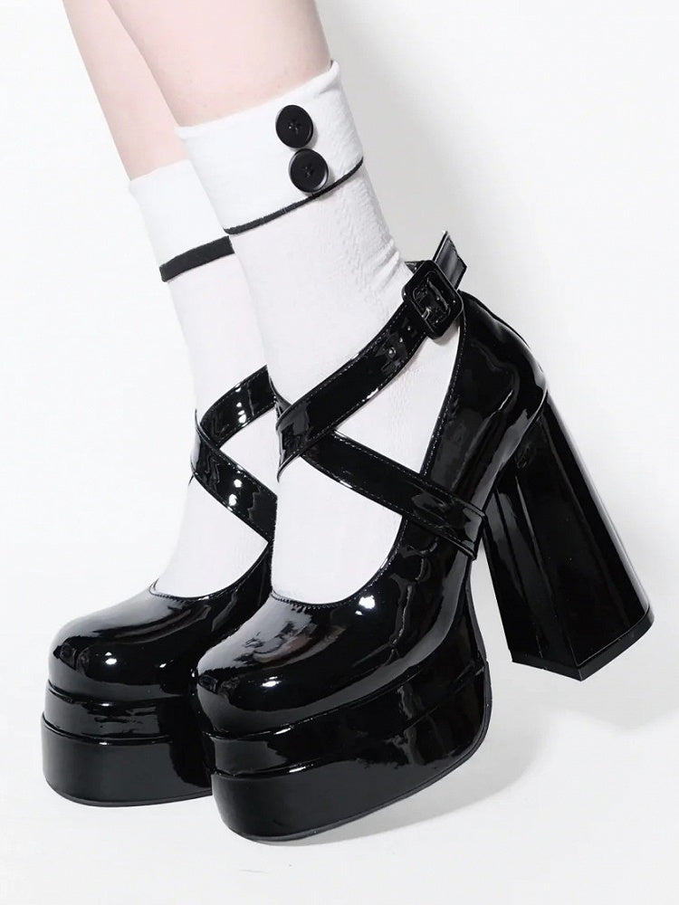Buckles Lolita Crisscross Detachable Design Janes Black with - Elegant Mary Polished