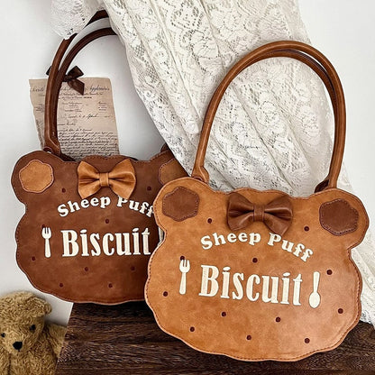 PU Light Brown Lolita Bear Cookie Bag with Fork & Spoon Embroidery