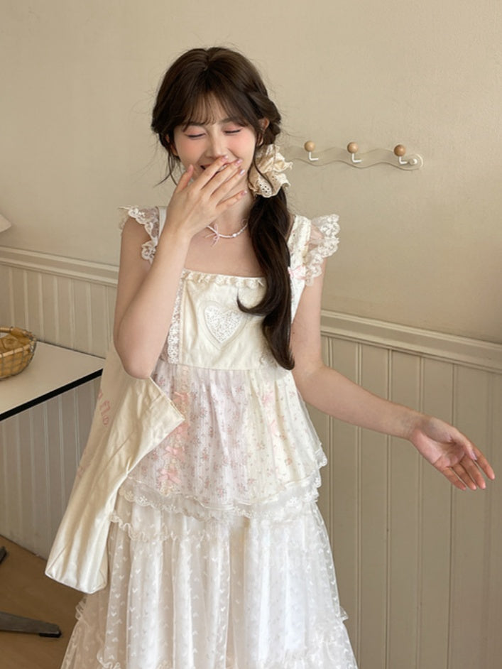 Rosa Tanktop mit flatternden Ärmeln, Schleife und Rüschen, Blumenmuster, Spitzenbesatz