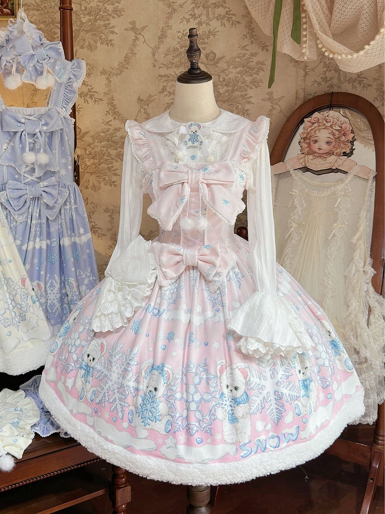 Pink Skirt Bear Lolita and Print Snowflake Winter Light Sweet Jumper with