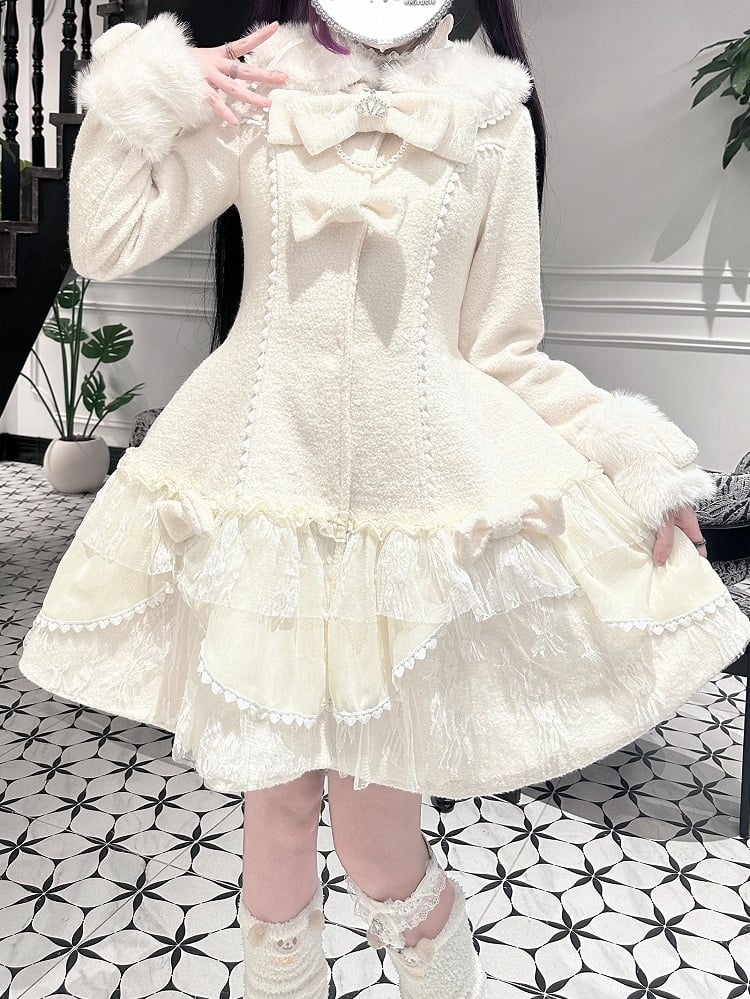 Jirai Kei Pink / Beige Mid-Length Padded Coat with Plush Accents and Sweet Lace Trim