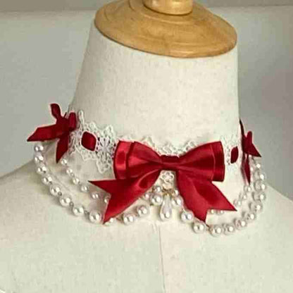 Red Bowknot Bead Chain Choker / Bonnet
