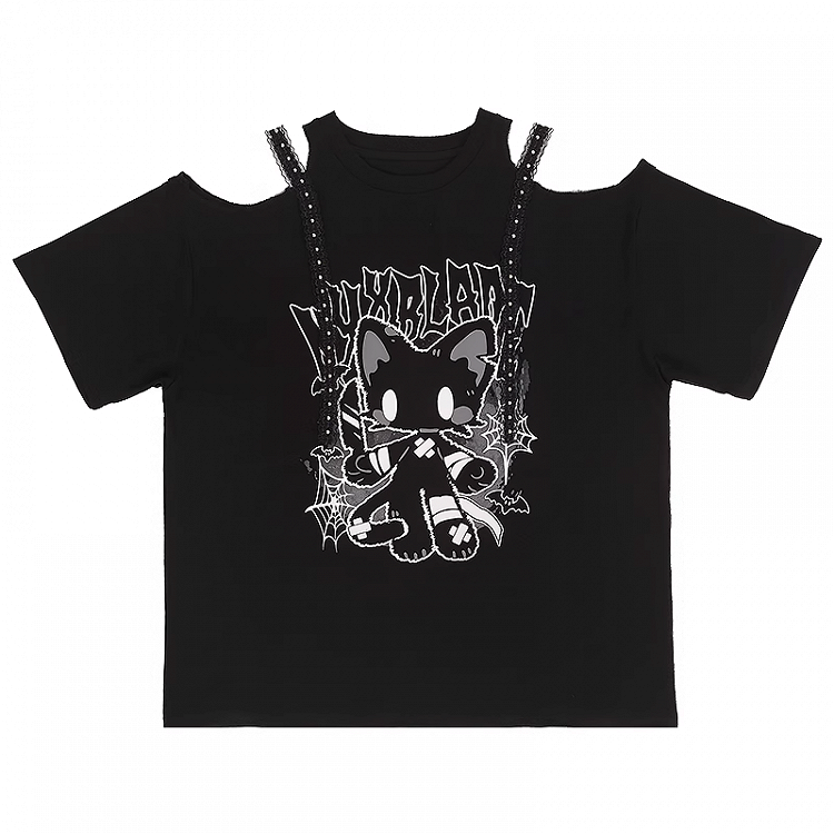 猫プリント ルーズTシャツ Y2K ブラック カットアウトショルダー ビタースイート