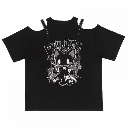猫プリント ルーズTシャツ Y2K ブラック カットアウトショルダー ビタースイート