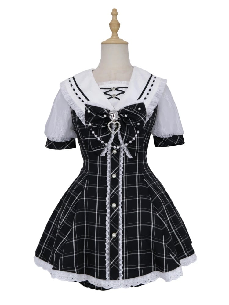 Plaid Bow Mini Dress + Ruffled Back Black Shorts Sailor Collar Self-tie Hem Jirai Kei Set